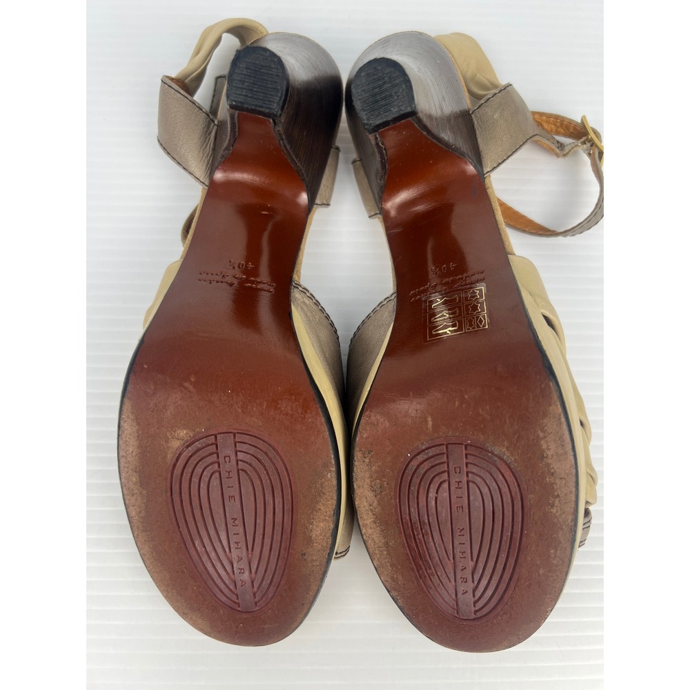 Chie Mihara Two Tone Leather Pleated Heeled Platform Sandals Taupe Spain 40.5 - Picture 9 of 12